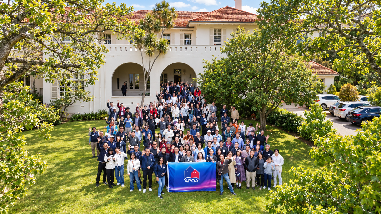 APOA community members gathered outside a heritage home, holding an APOA banner.