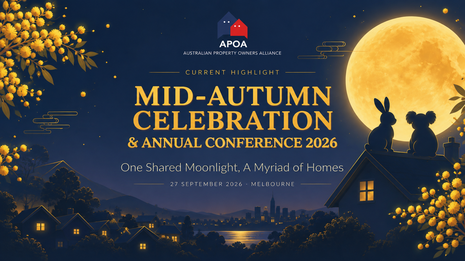 APOA Mid-Autumn Celebration and Annual Conference 2026 artwork, featuring a moonlit Melbourne skyline.